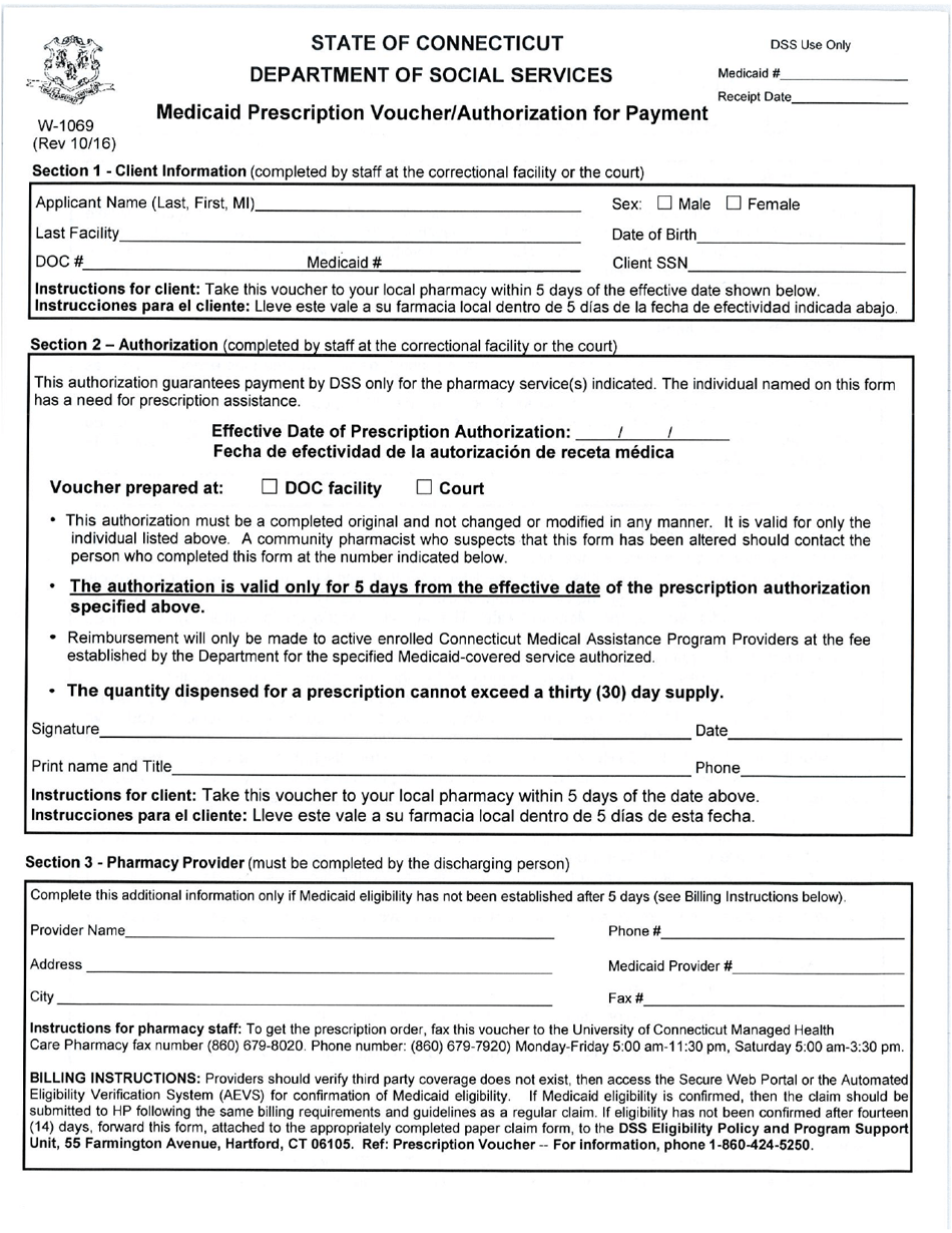 Form W-1069 Medicaid Prescription Voucher / Authorization for Payment - Connecticut, Page 1