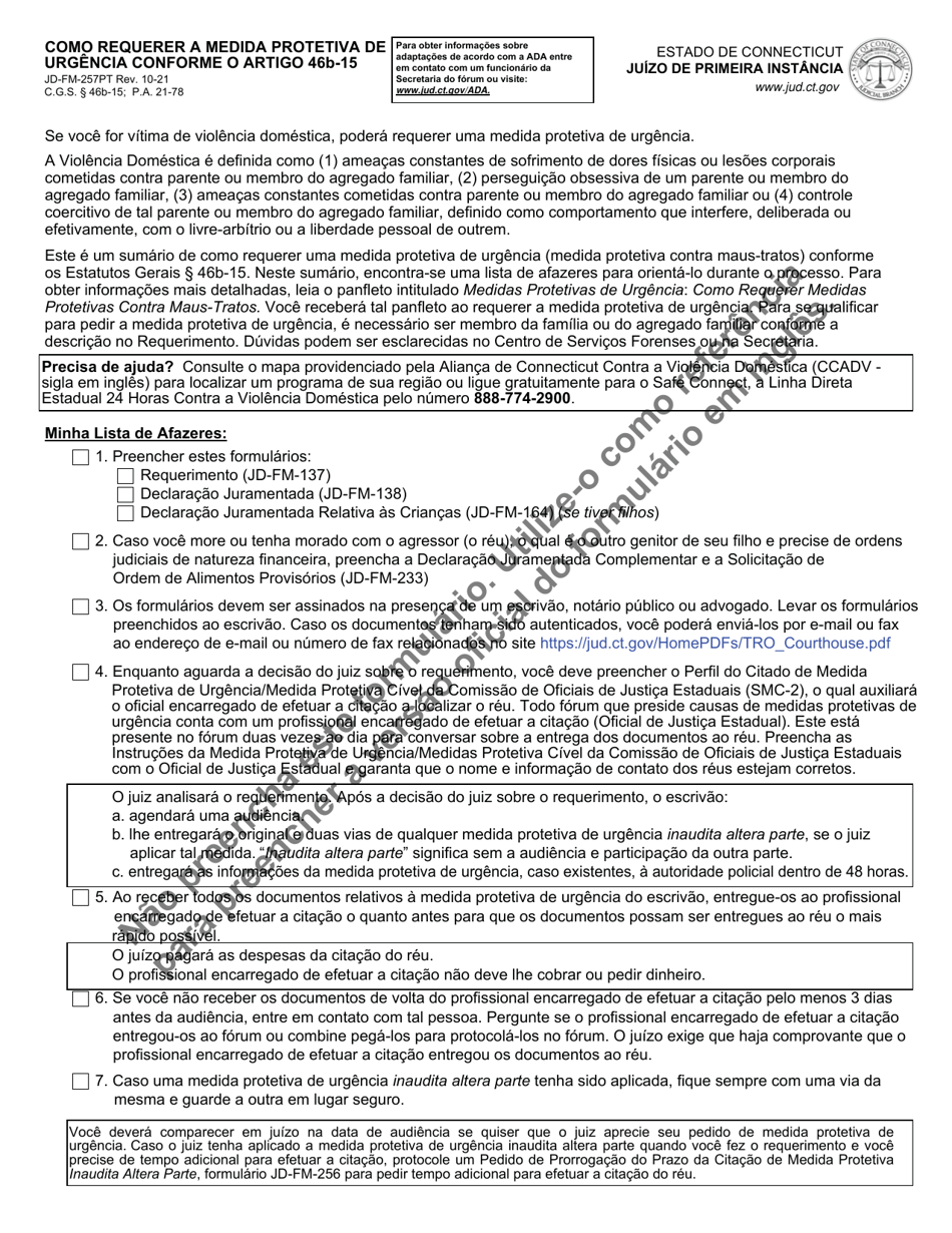 Form JD-FM-257PT How to Apply for a Restraining Order Under Section 46b-15 - Connecticut (Portuguese), Page 1