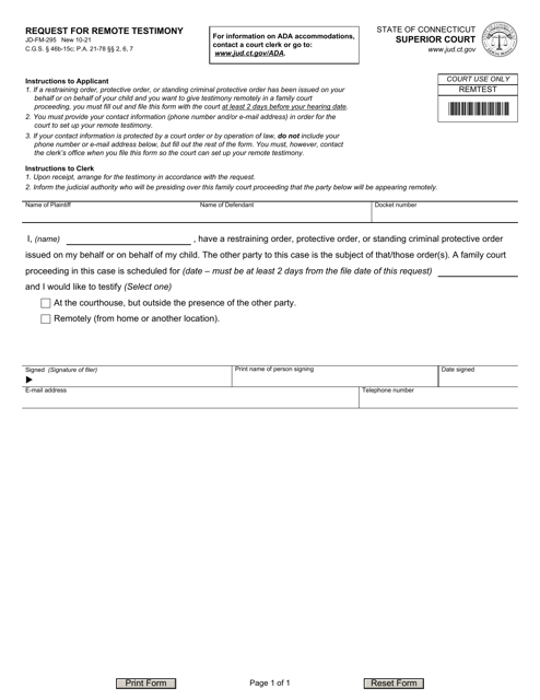 Form JD-FM-295 Request for Remote Testimony - Connecticut
