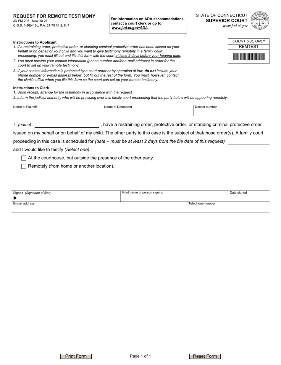 Form JD-FM-295 Request for Remote Testimony - Connecticut, Page 1