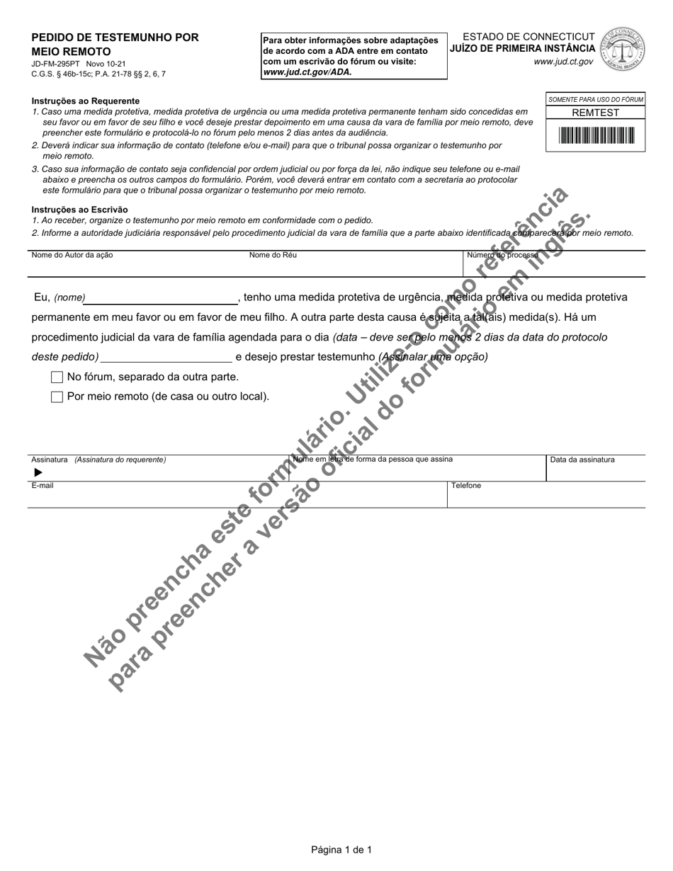 Form JD-FM-295PT Request for Remote Testimony - Connecticut (Portuguese), Page 1