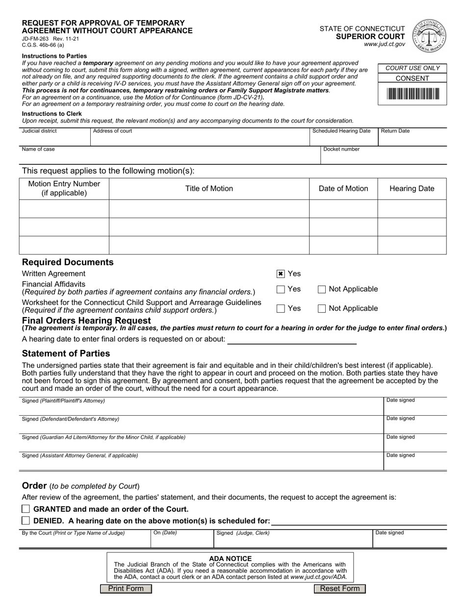 Form JD-FM-263 Request for Approval of Temporary Agreement Without Court Appearance - Connecticut, Page 1
