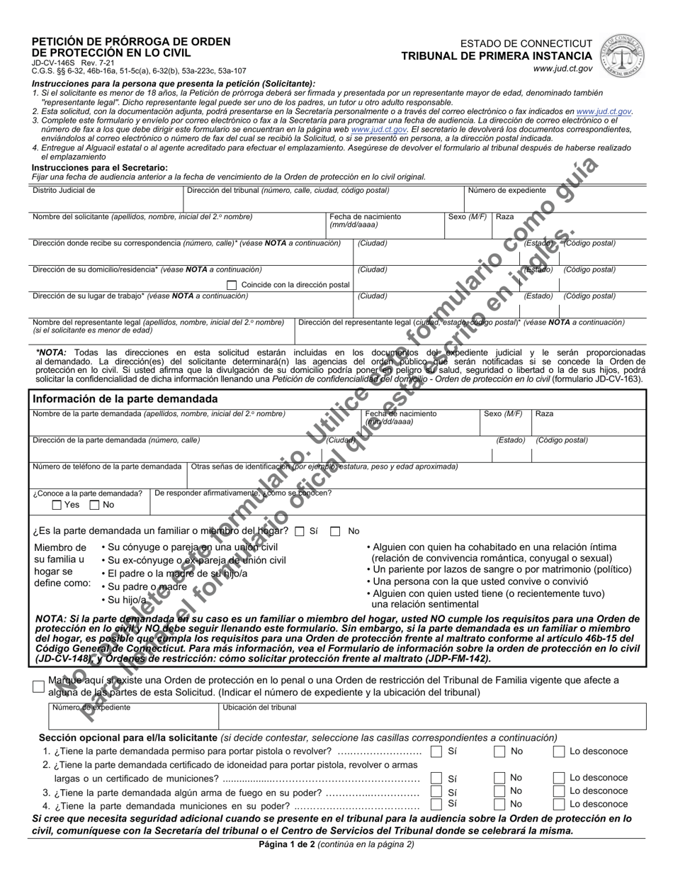 Formulario JD-CV-146S Peticion De Prorroga De Orden De Proteccion En Lo Civil - Connecticut (Spanish), Page 1