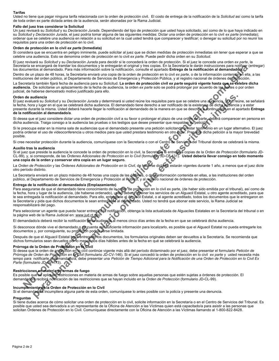 Formulario JD-CV-148S Orden De Proteccion En Lo Civil - Formulario De Informacion - Connecticut (Spanish), Page 2