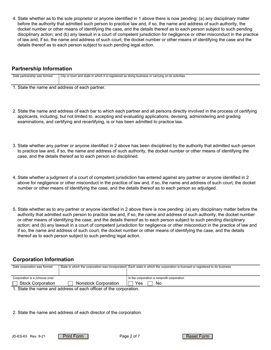 Form JD-ES-63 Application for Authority to Certify Lawyers as Specialists - Connecticut, Page 2