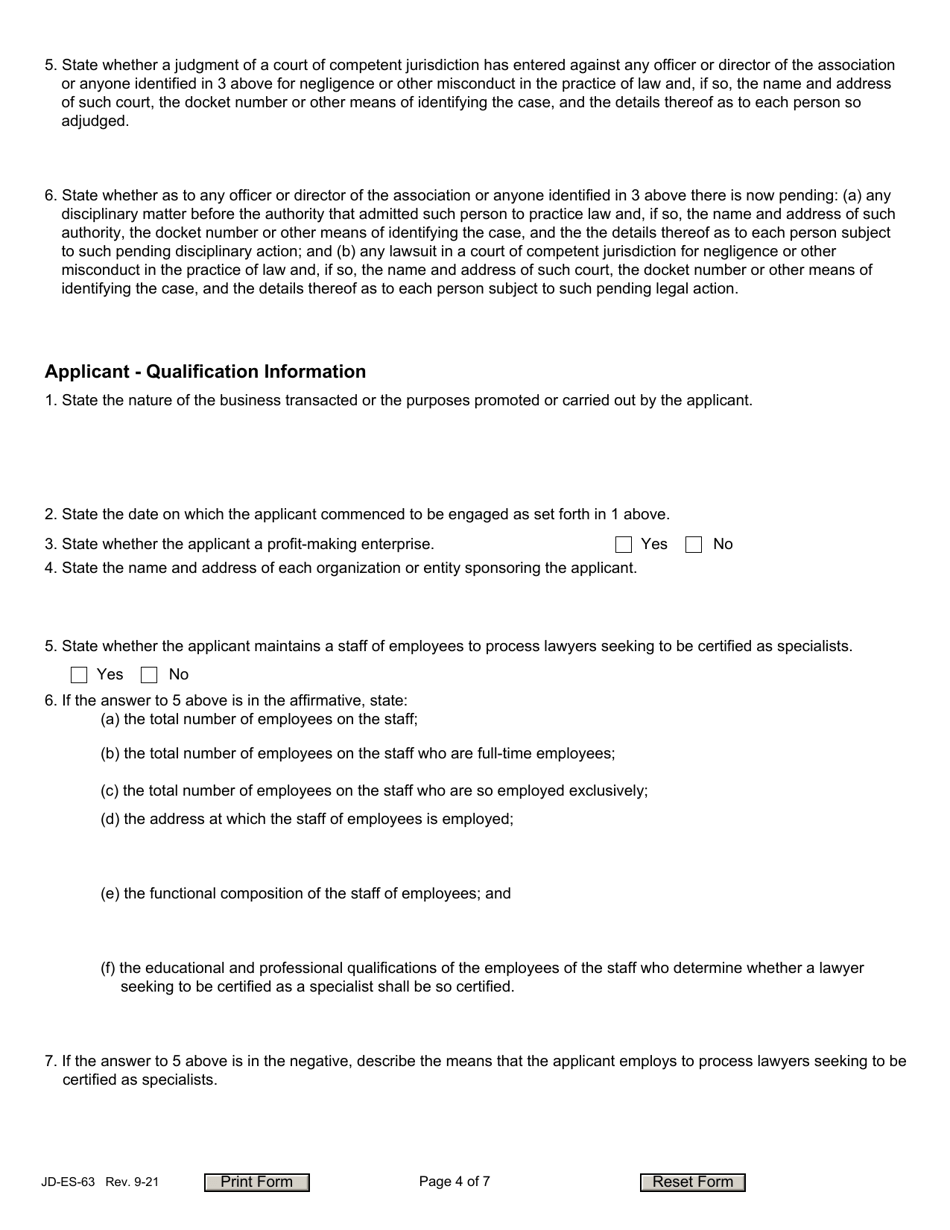 Form JD-ES-63 Application for Authority to Certify Lawyers as Specialists - Connecticut, Page 4