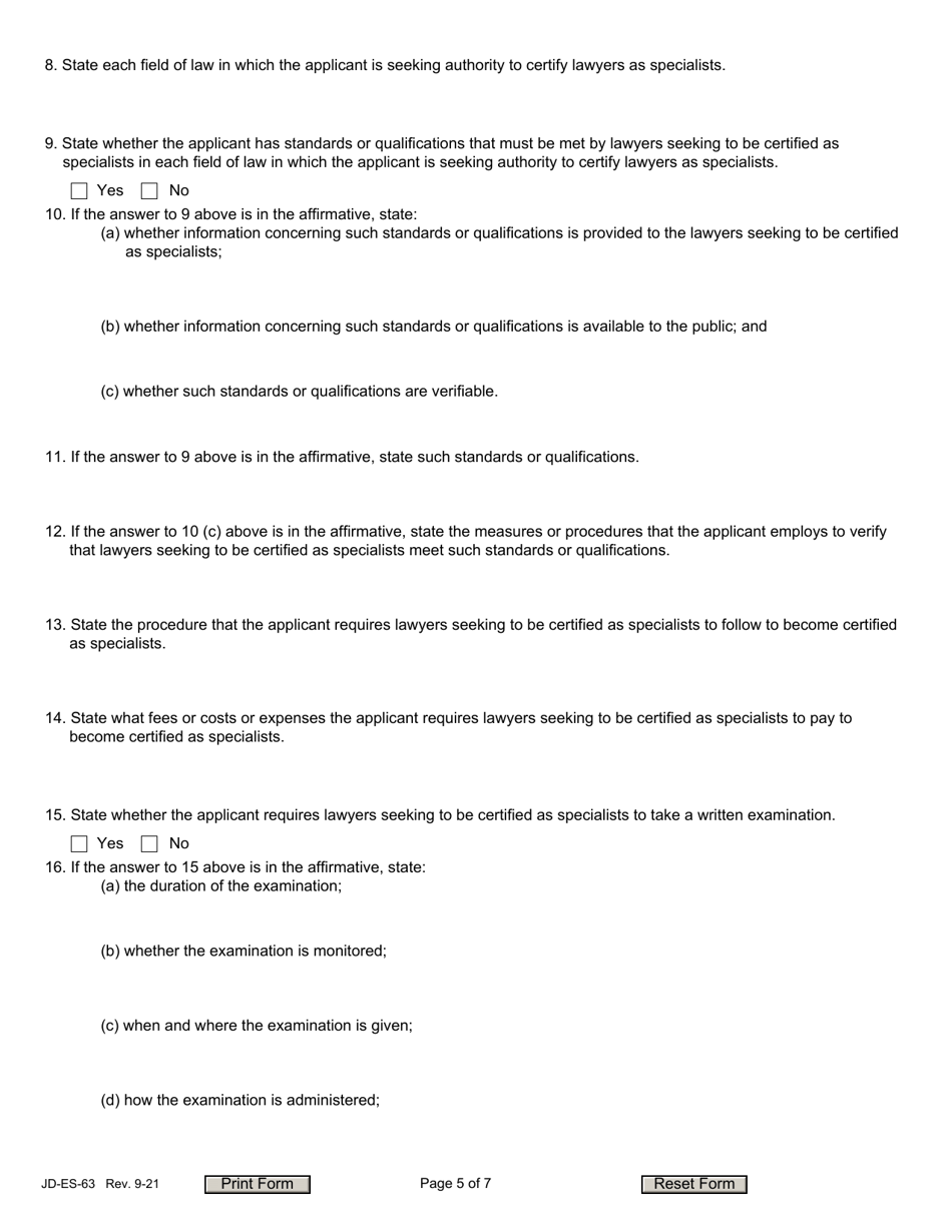 Form JD-ES-63 Application for Authority to Certify Lawyers as Specialists - Connecticut, Page 5