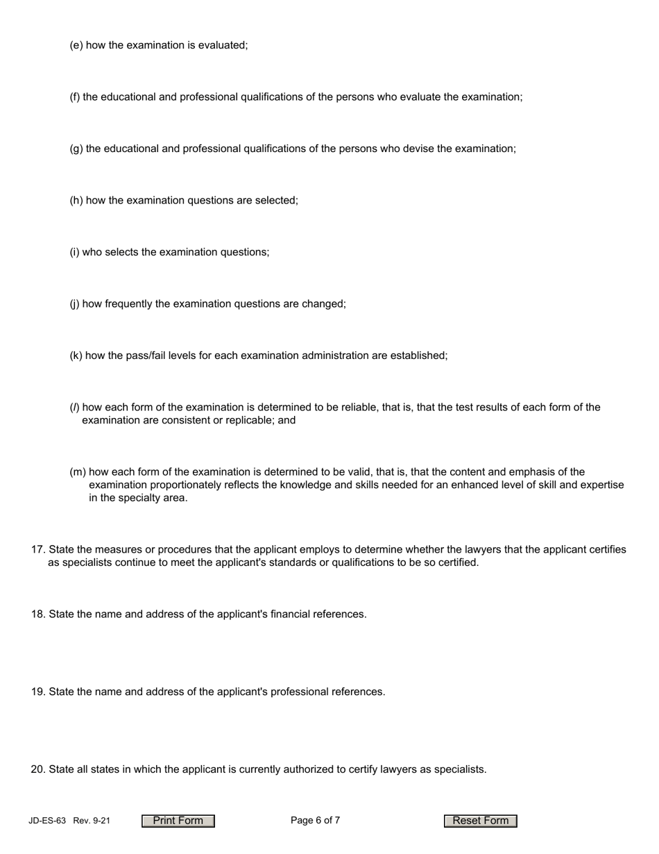 Form JD-ES-63 Application for Authority to Certify Lawyers as Specialists - Connecticut, Page 6