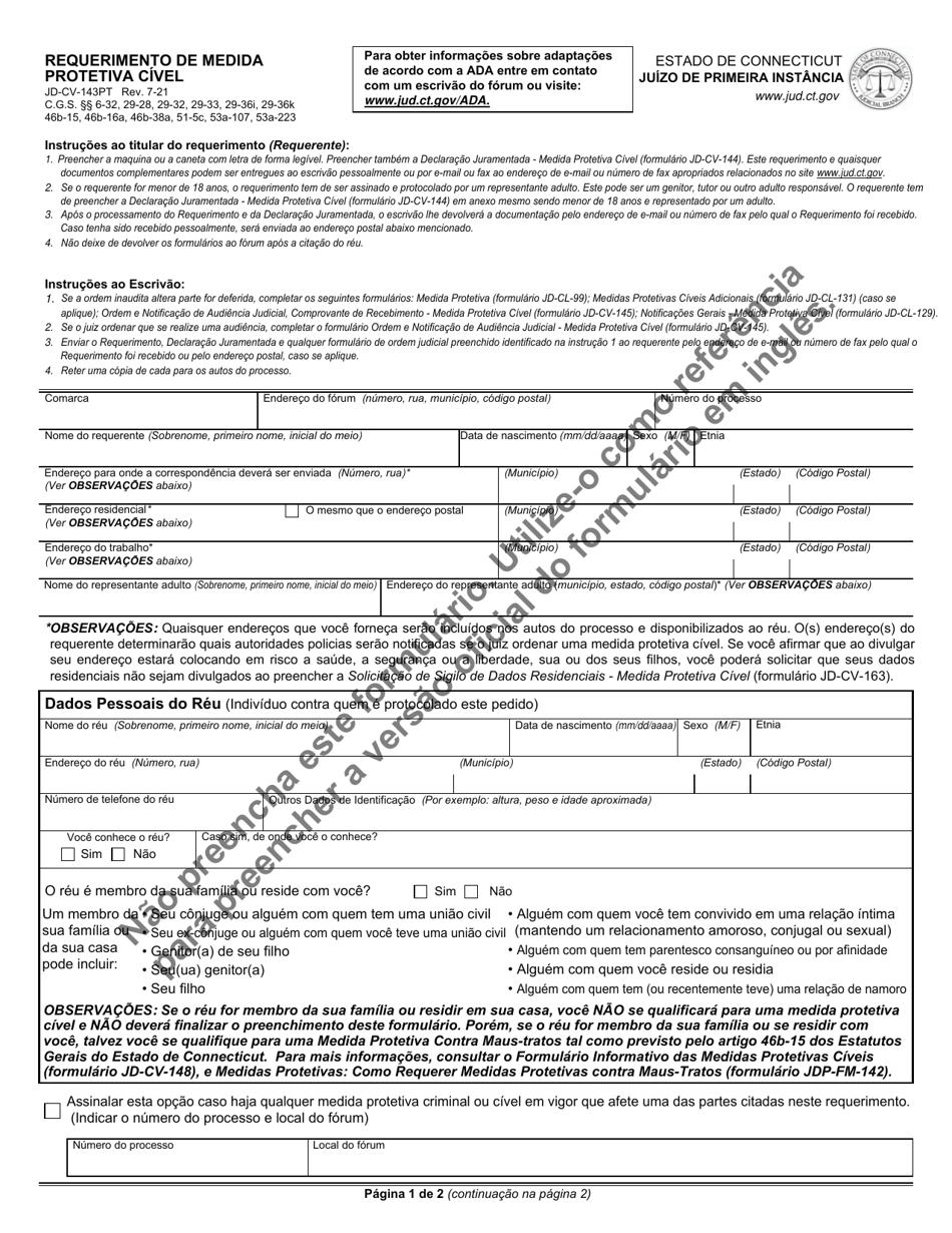 Form JD-CV-143PT Application for Civil Protection Order - Connecticut (Portuguese), Page 1