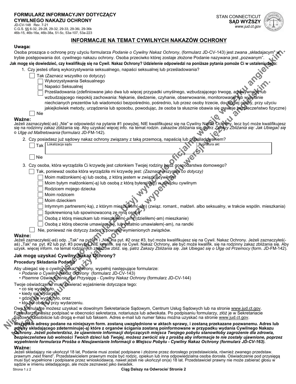 Form JD-CV-148 Civil Protection Order Information Form - Connecticut (Polish), Page 1