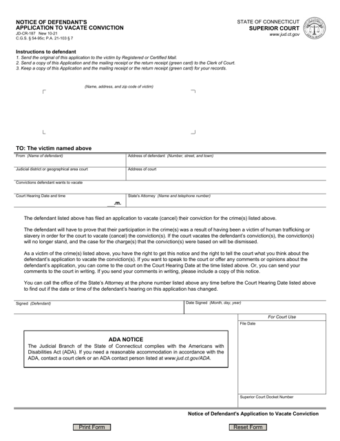 Form JD-CR-187 Notice of Defendant's Application to Vacate Conviction - Connecticut