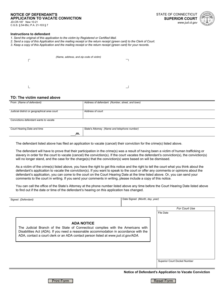Form JD-CR-187 Notice of Defendants Application to Vacate Conviction - Connecticut, Page 1