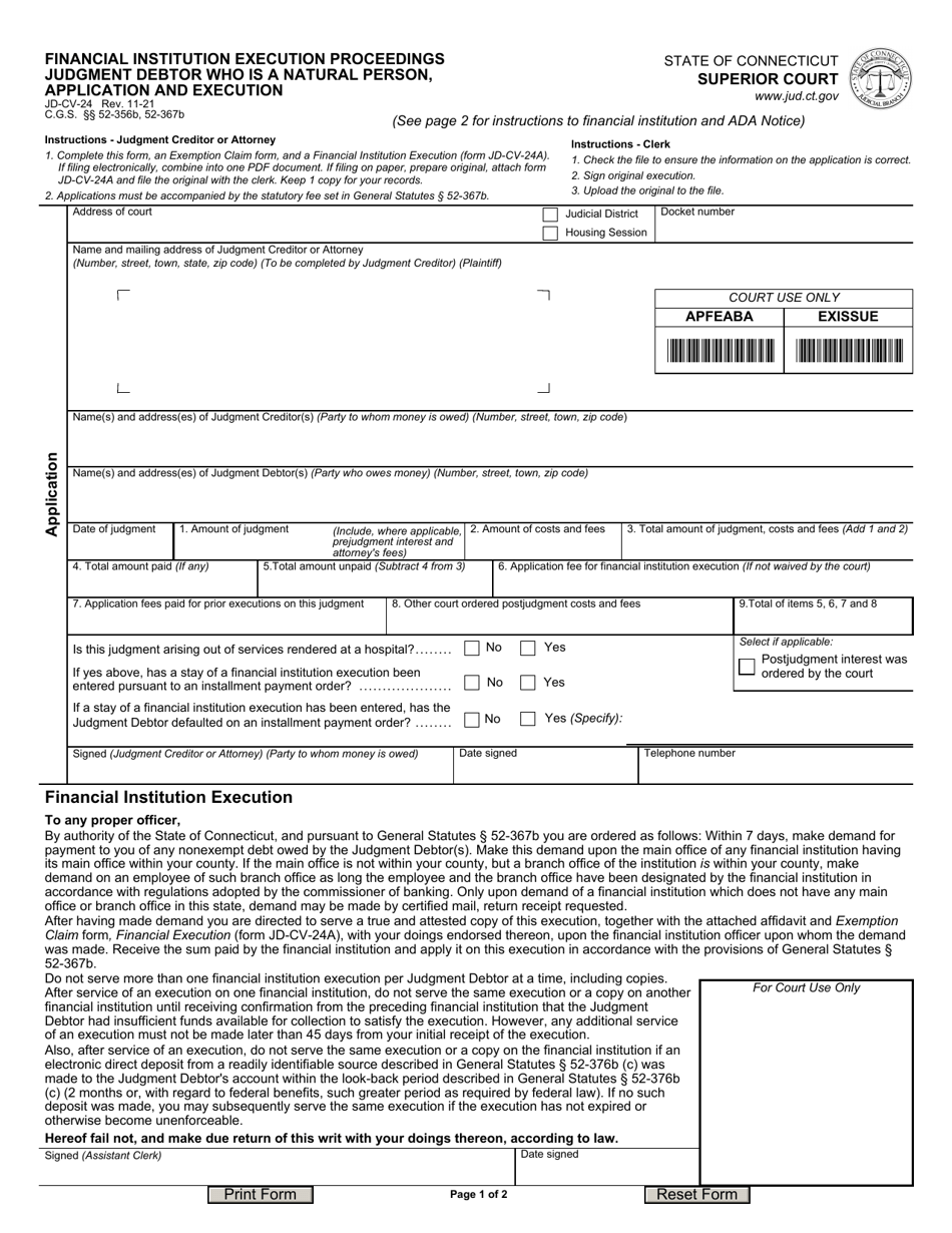 Form JD-CV-24 Financial Institution Execution Proceedings - Judgment Debtor Who Is a Natural Person, Application and Execution - Connecticut, Page 1