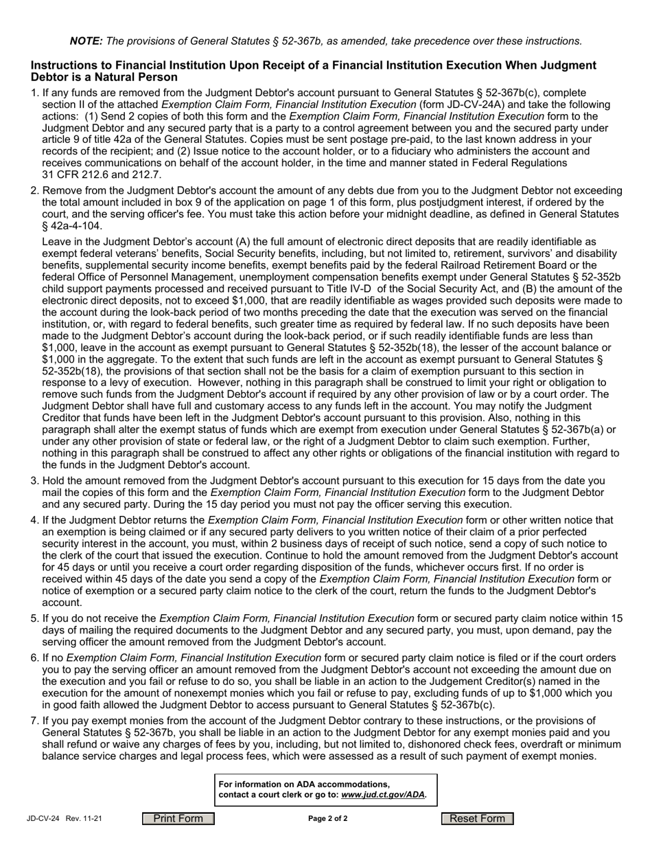 Form JD-CV-24 Financial Institution Execution Proceedings - Judgment Debtor Who Is a Natural Person, Application and Execution - Connecticut, Page 2