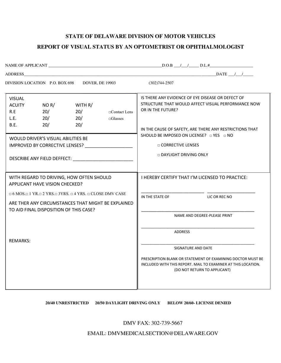 Report of Visual Status by an Optometrist or Ophthalmologist - Delaware, Page 1