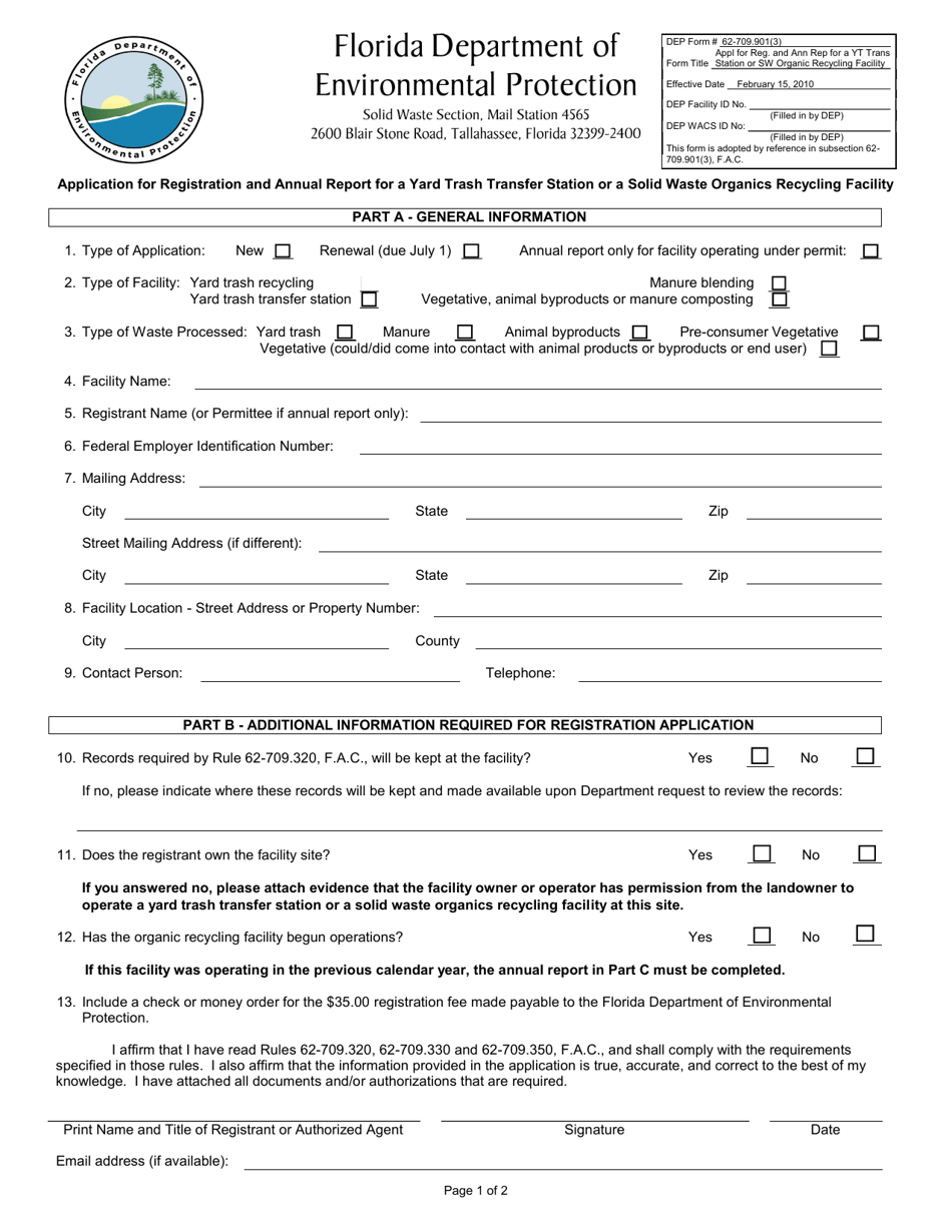 DEP Form 62-709.901(3) Application for Registration and Annual Report for a Yard Trash Transfer Station or a Solid Waste Organics Recycling Facility - Florida, Page 1