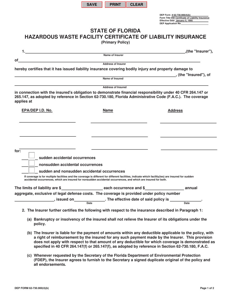 DEP Form 62-730.900(4)(K) Hazardous Waste Facility Certificate of Liability Insurance (Primary Policy) - Florida, Page 1