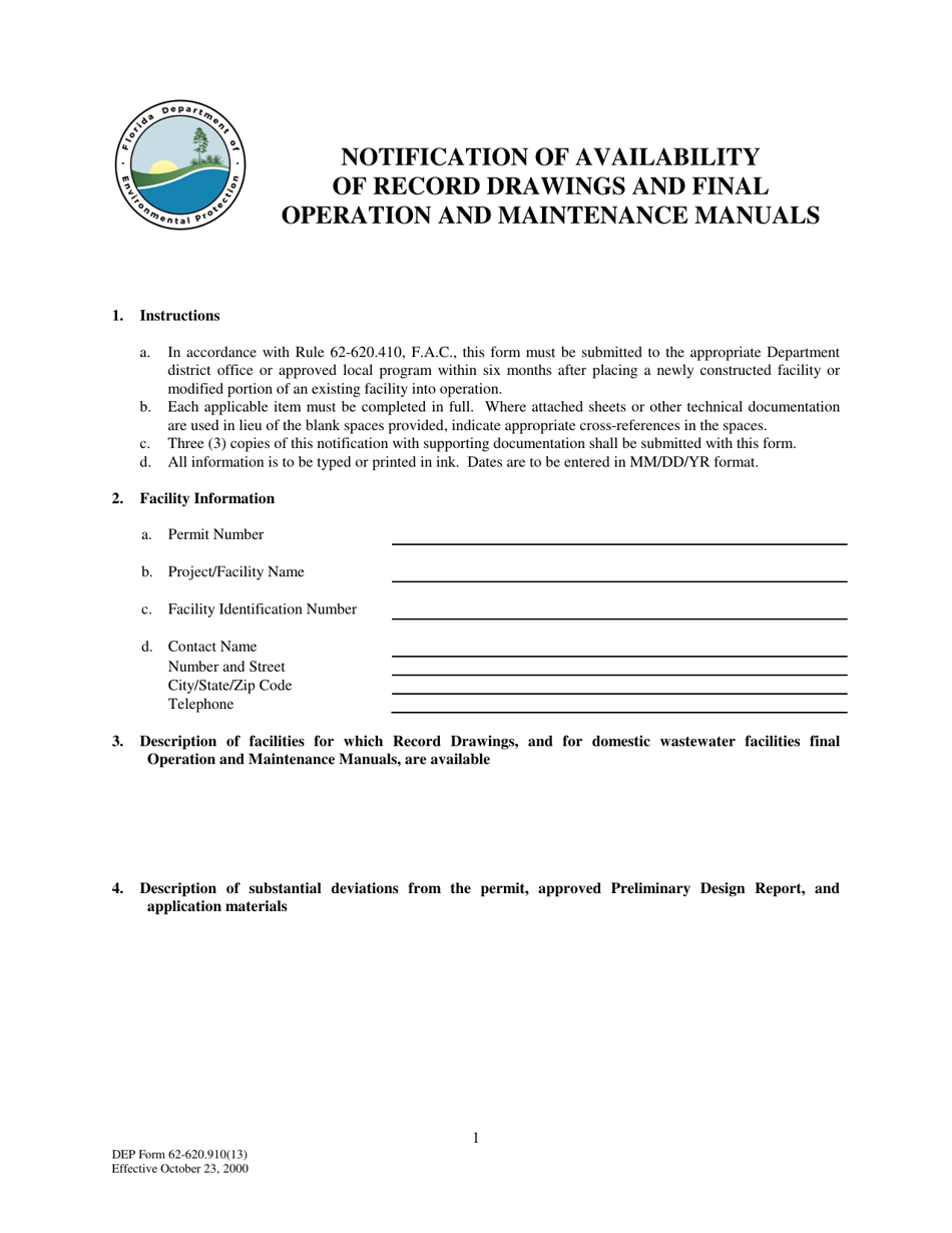 DEP Form 62-620.910(13) Notification of Availability of Record Drawings and Final Operation and Maintenance Manuals - Florida, Page 1