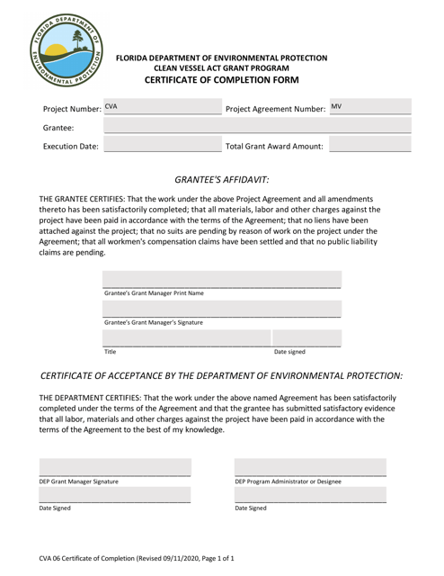 Form CVA06 Certificate of Completion Form - Clean Vessel Act Grant Program - Florida