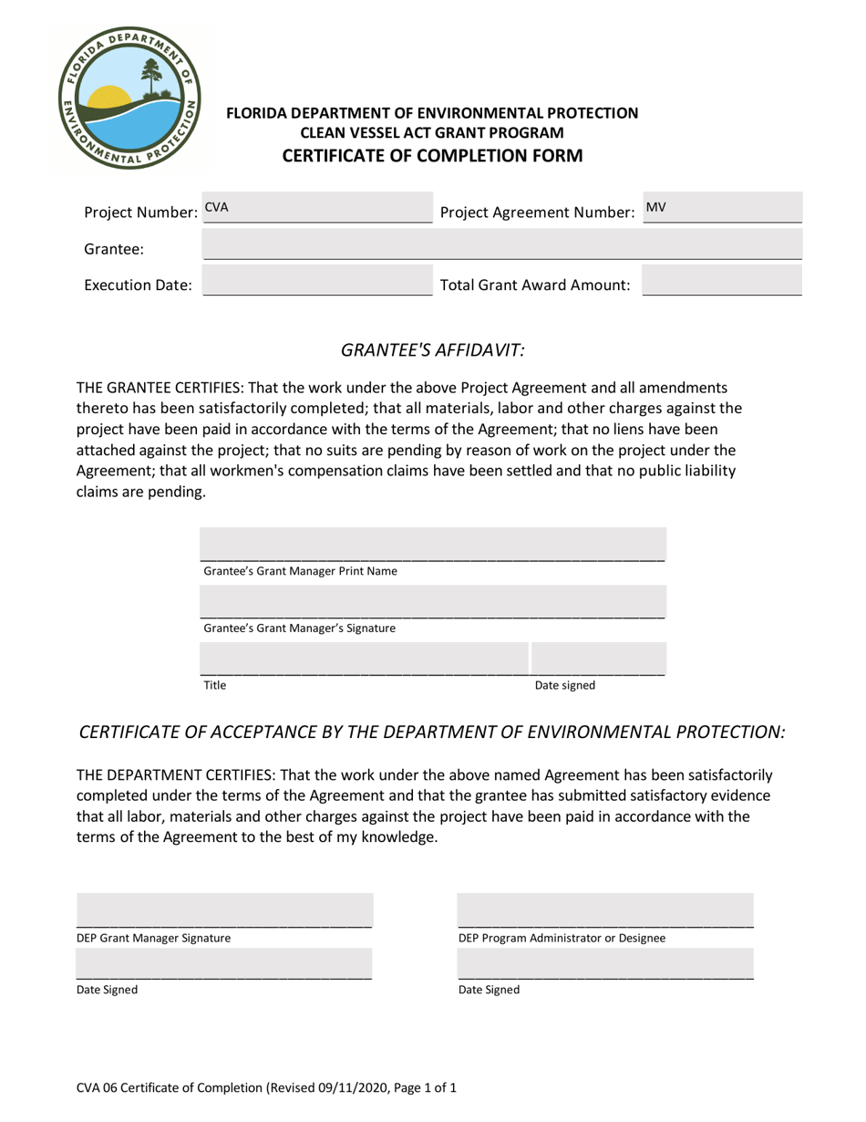 Form CVA06 Certificate of Completion Form - Clean Vessel Act Grant Program - Florida, Page 1