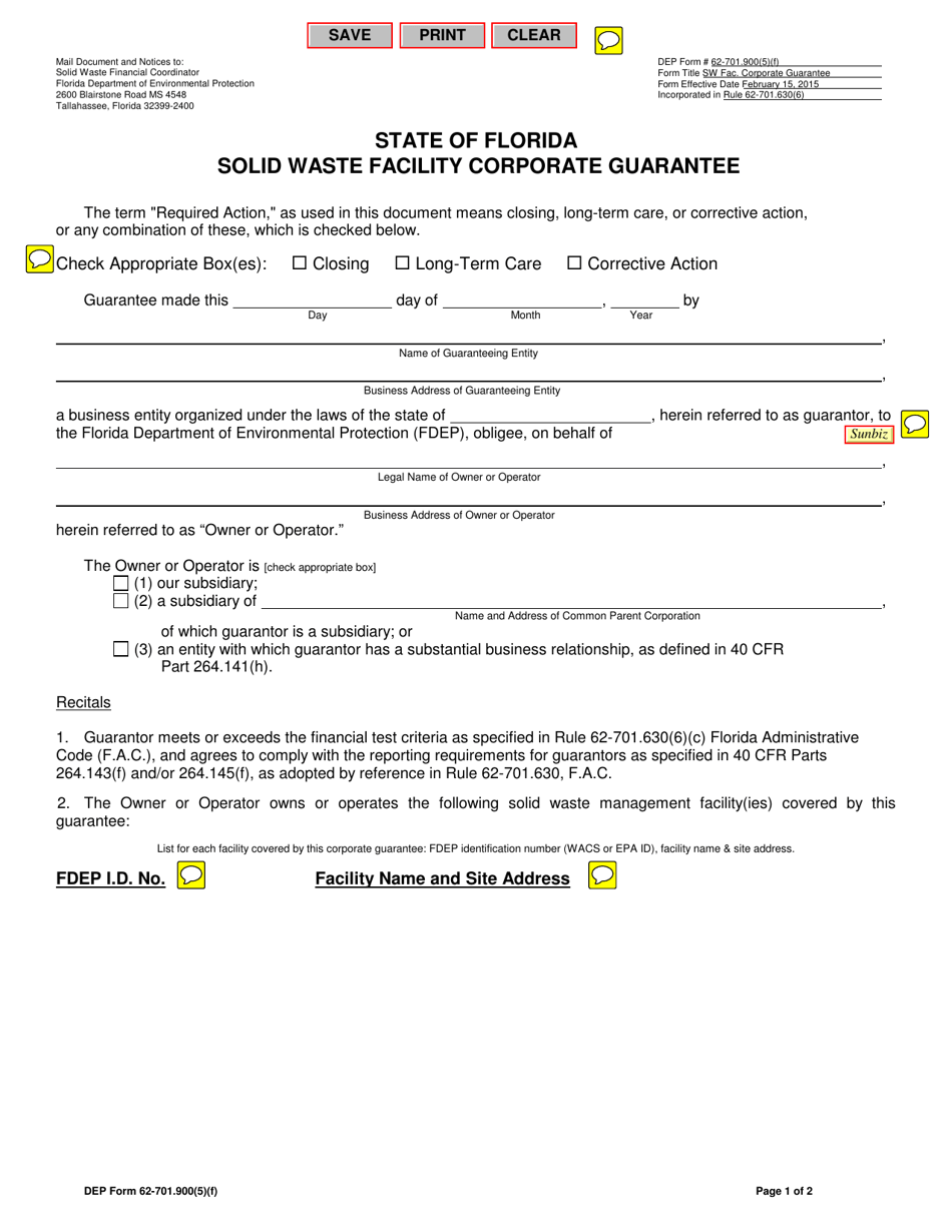DEP Form 62-701.900(5)(F) Solid Waste Facility Corporate Guarantee - Florida, Page 1