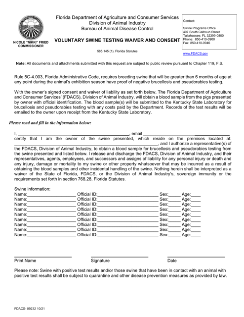 Form FDACS-09232 Voluntary Swine Testing Waiver and Consent - Florida