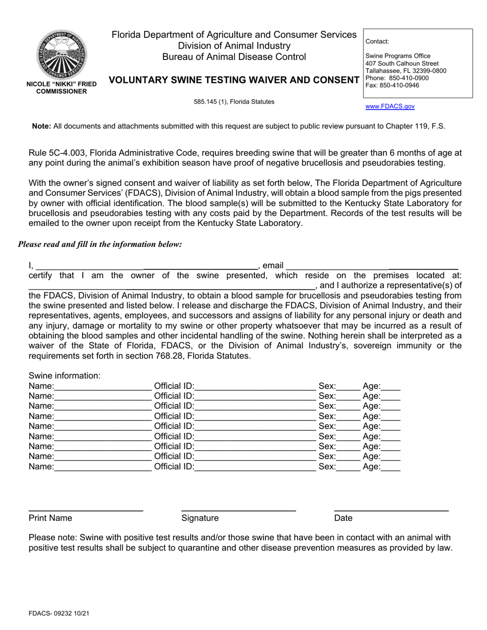 Form FDACS-09232 Voluntary Swine Testing Waiver and Consent - Florida, Page 1