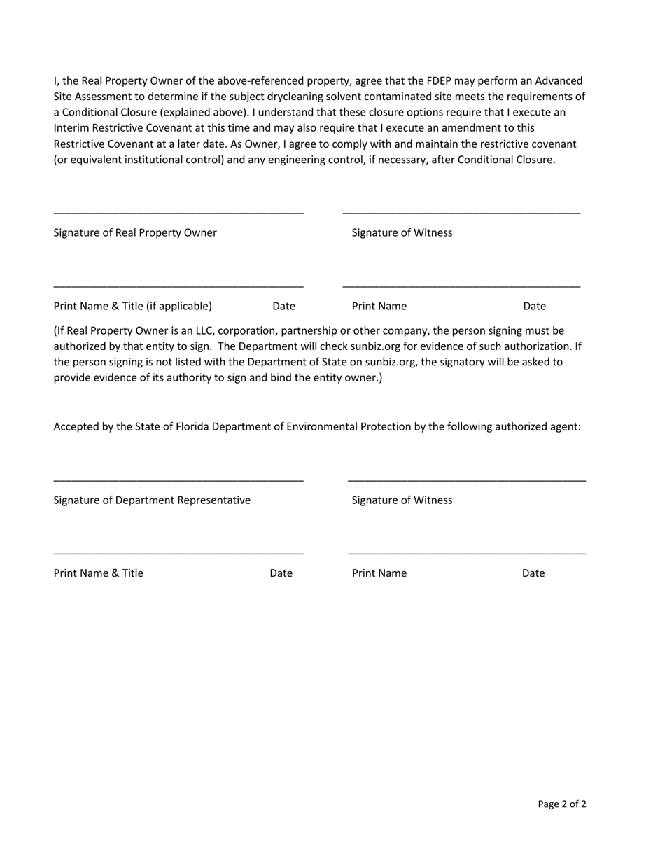 Real Property Owner Intent to Execute an Interim Restrictive Covenant Agreement - Drycleaning Solvent Cleanup Program - Florida, Page 2