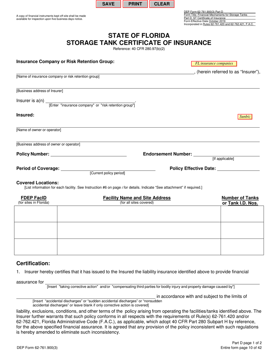DEP Form 62-761.900(3) Part D Storage Tank Certificate of Insurance - Florida, Page 1