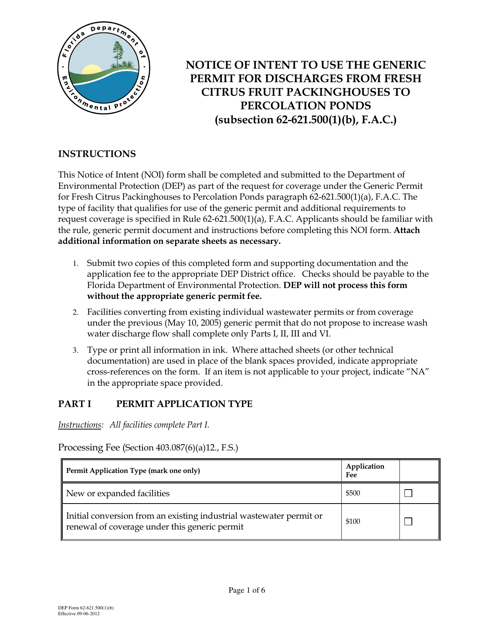 DEP Form 62-621.500(1)(B) Notice of Intent to Use the Generic Permit for Discharges From Fresh Citrus Fruit Packinghouses to Percolation Ponds (Subsection 62-621.500(1)(B), F.a.c.) - Florida