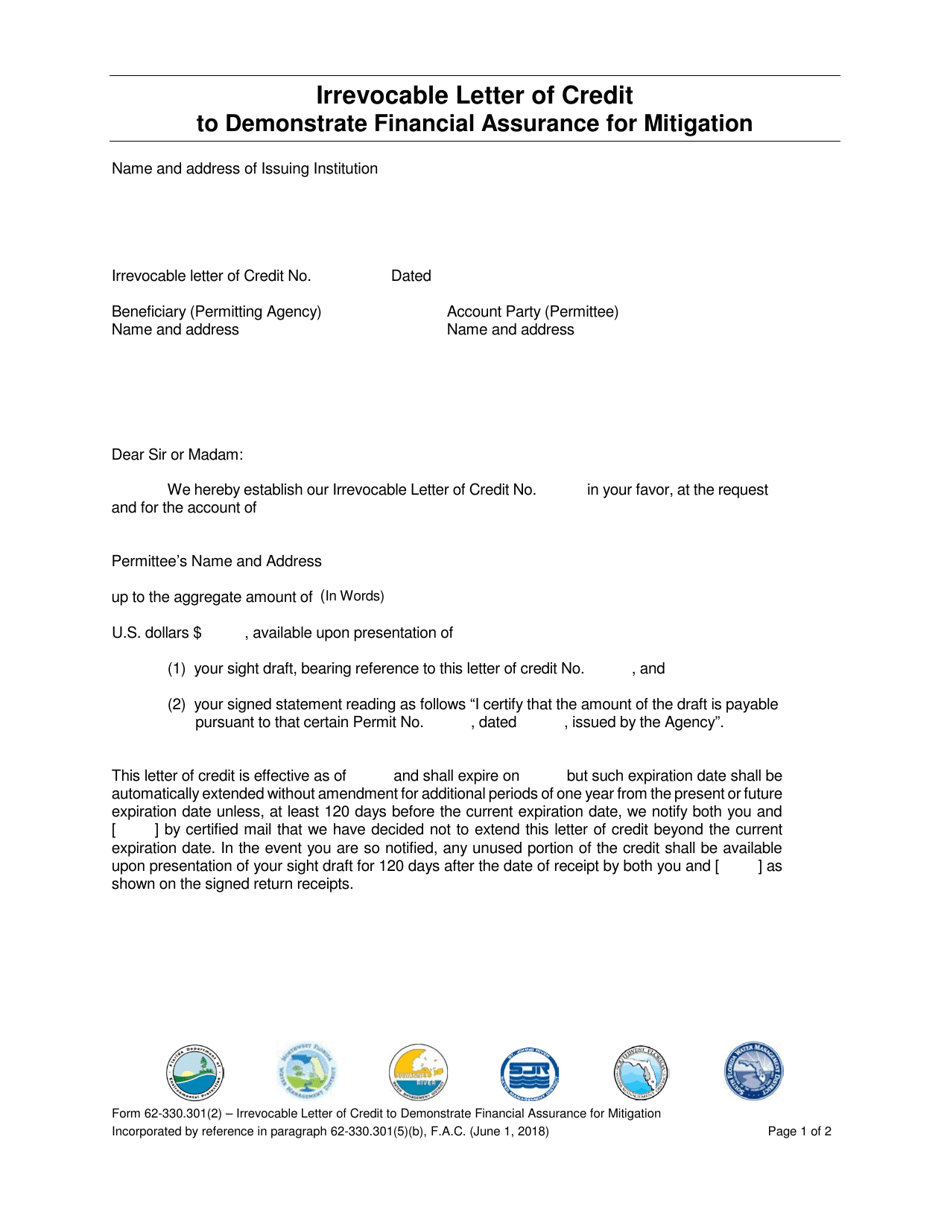 Form 62-330.301(2) Irrevocable Letter of Credit to Demonstrate Financial Assurance for Mitigation - Florida, Page 1