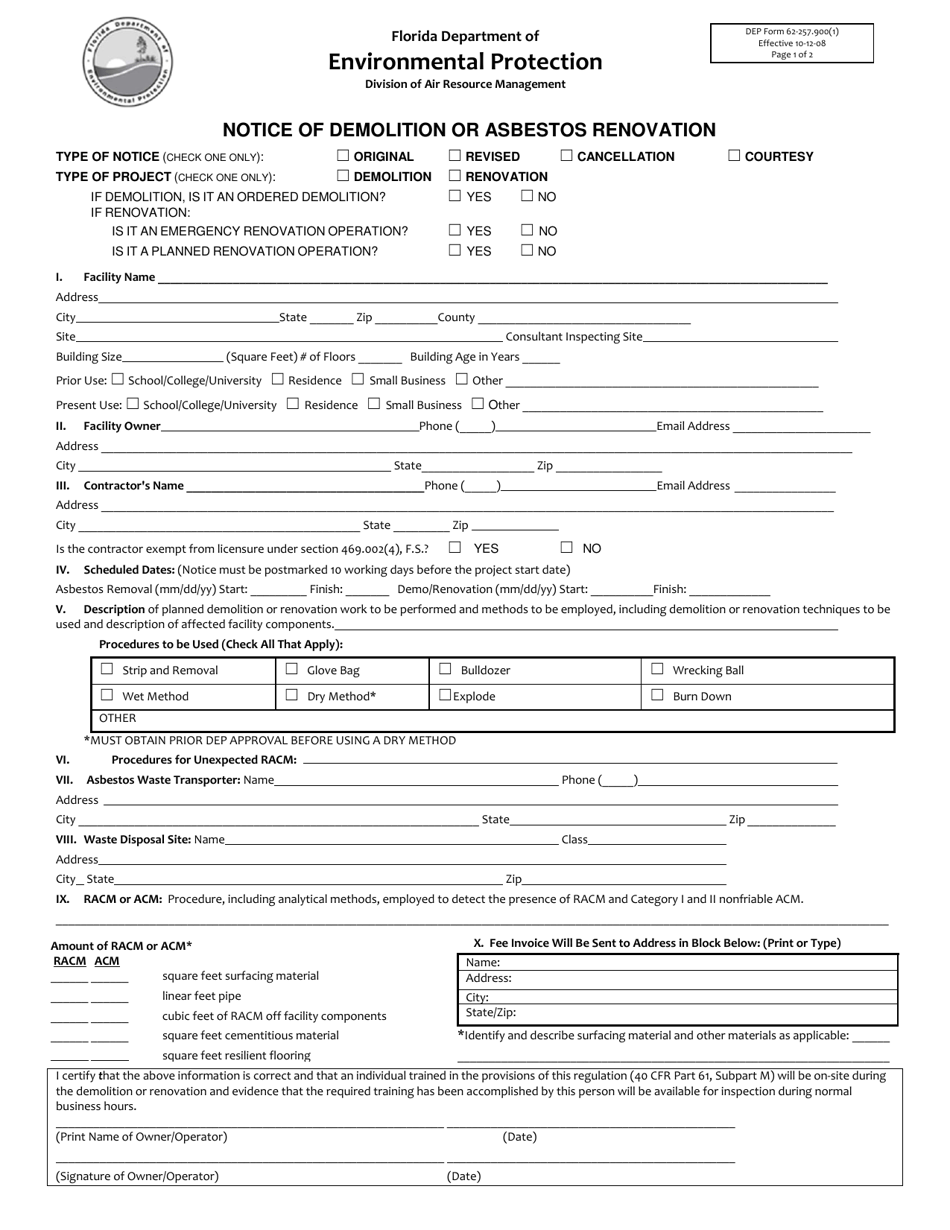 DEP Form 62-257.900(1) Notice of Demolition or Asbestos Renovation - Florida, Page 1