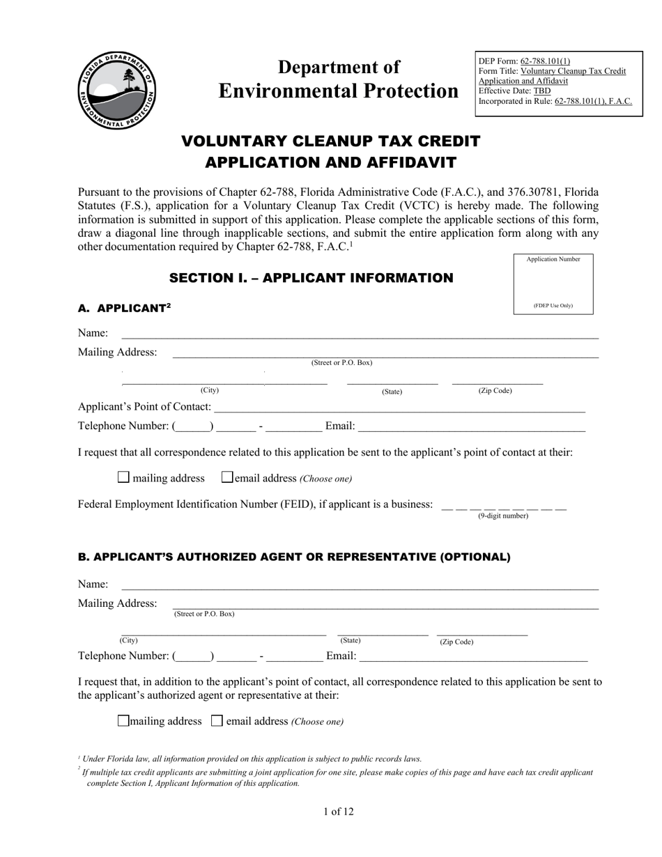 DEP Form 62-788.101(1) Voluntary Cleanup Tax Credit Application and Affidavit - Florida, Page 1