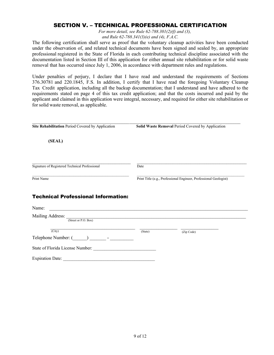 DEP Form 62-788.101(1) Voluntary Cleanup Tax Credit Application and Affidavit - Florida, Page 9