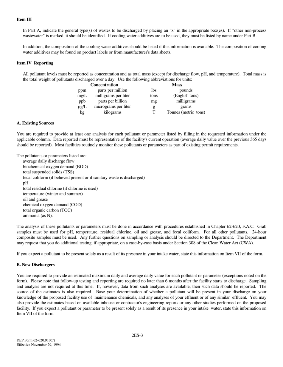 DEP Form 62-620.910(7) (2ES) Application for Permit to Discharge Non-process Wastewater to Surface Waters - Florida, Page 3
