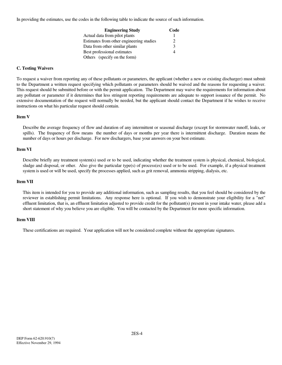 DEP Form 62-620.910(7) (2ES) Application for Permit to Discharge Non-process Wastewater to Surface Waters - Florida, Page 4