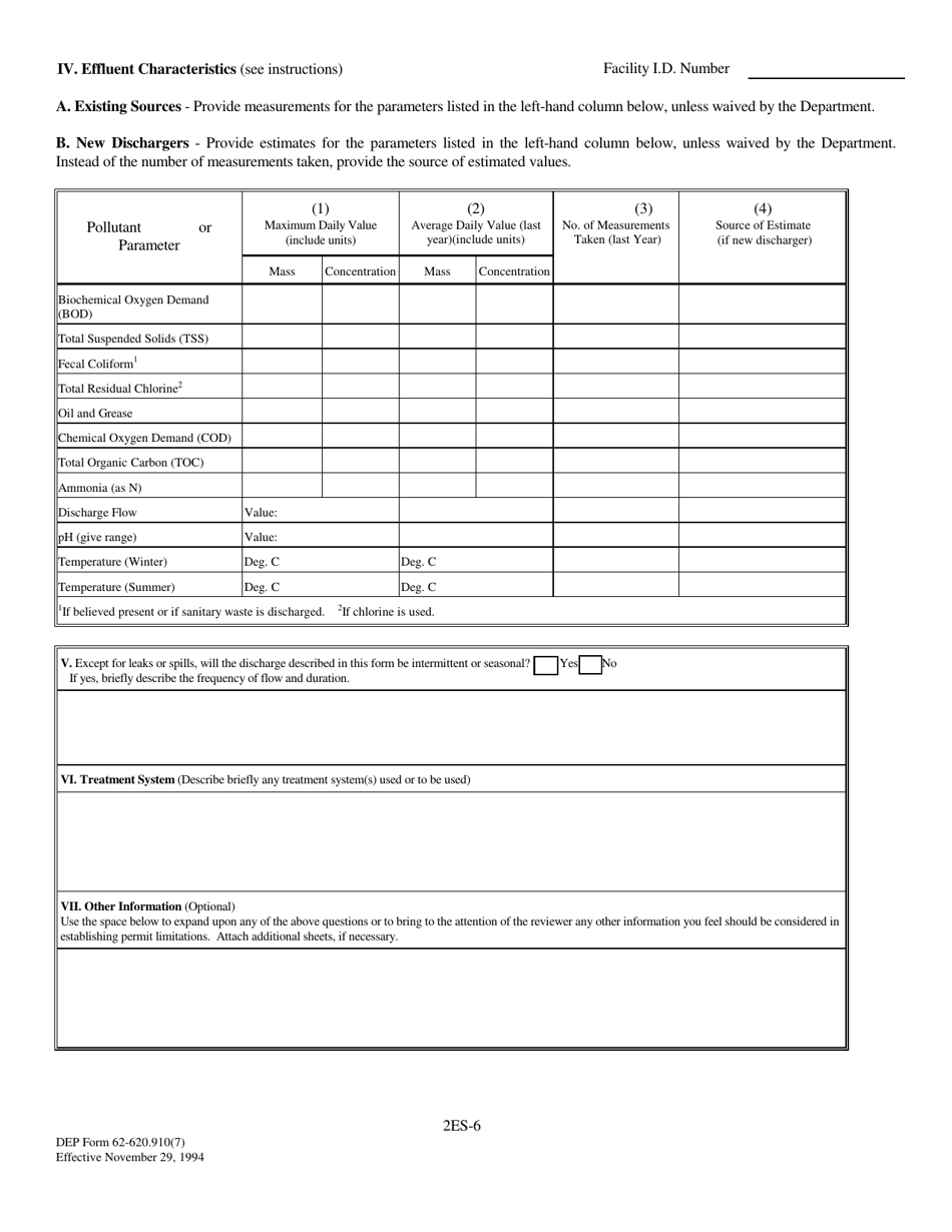 DEP Form 62-620.910(7) (2ES) Application for Permit to Discharge Non-process Wastewater to Surface Waters - Florida, Page 6
