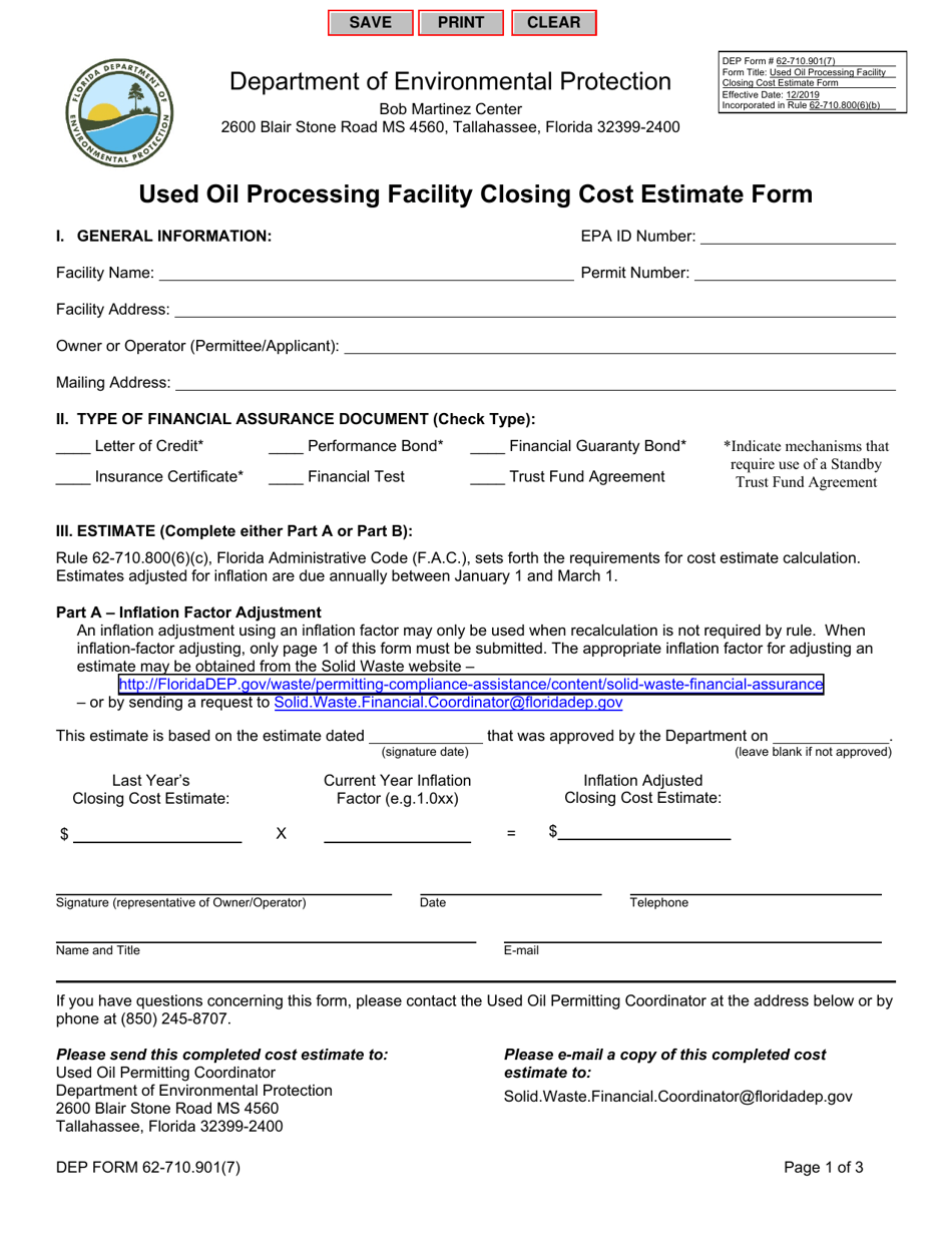DEP Form 62-710.901(7) Used Oil Processing Facility Closing Cost Estimate Form - Florida, Page 1