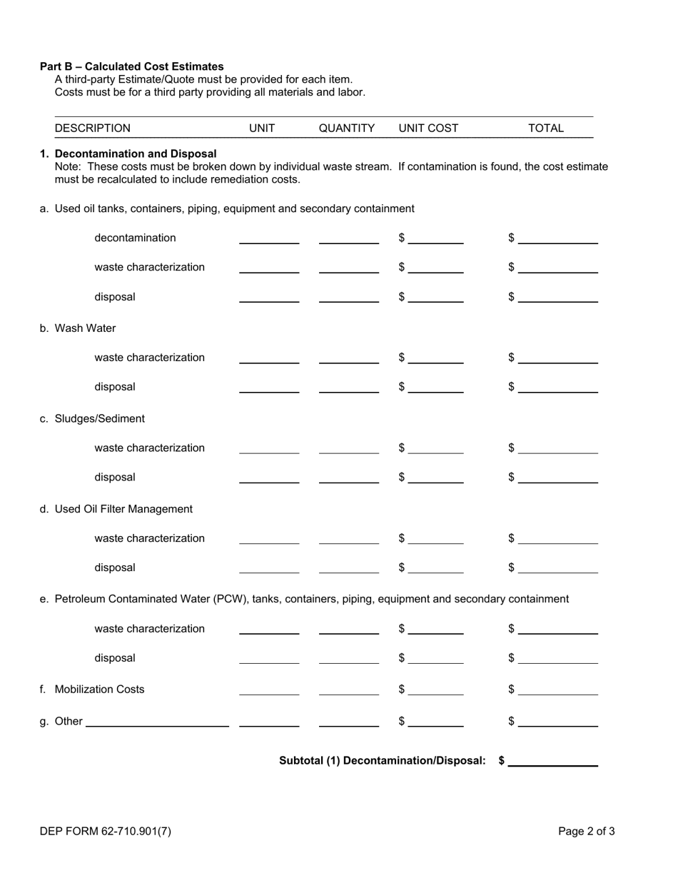 DEP Form 62-710.901(7) Used Oil Processing Facility Closing Cost Estimate Form - Florida, Page 2