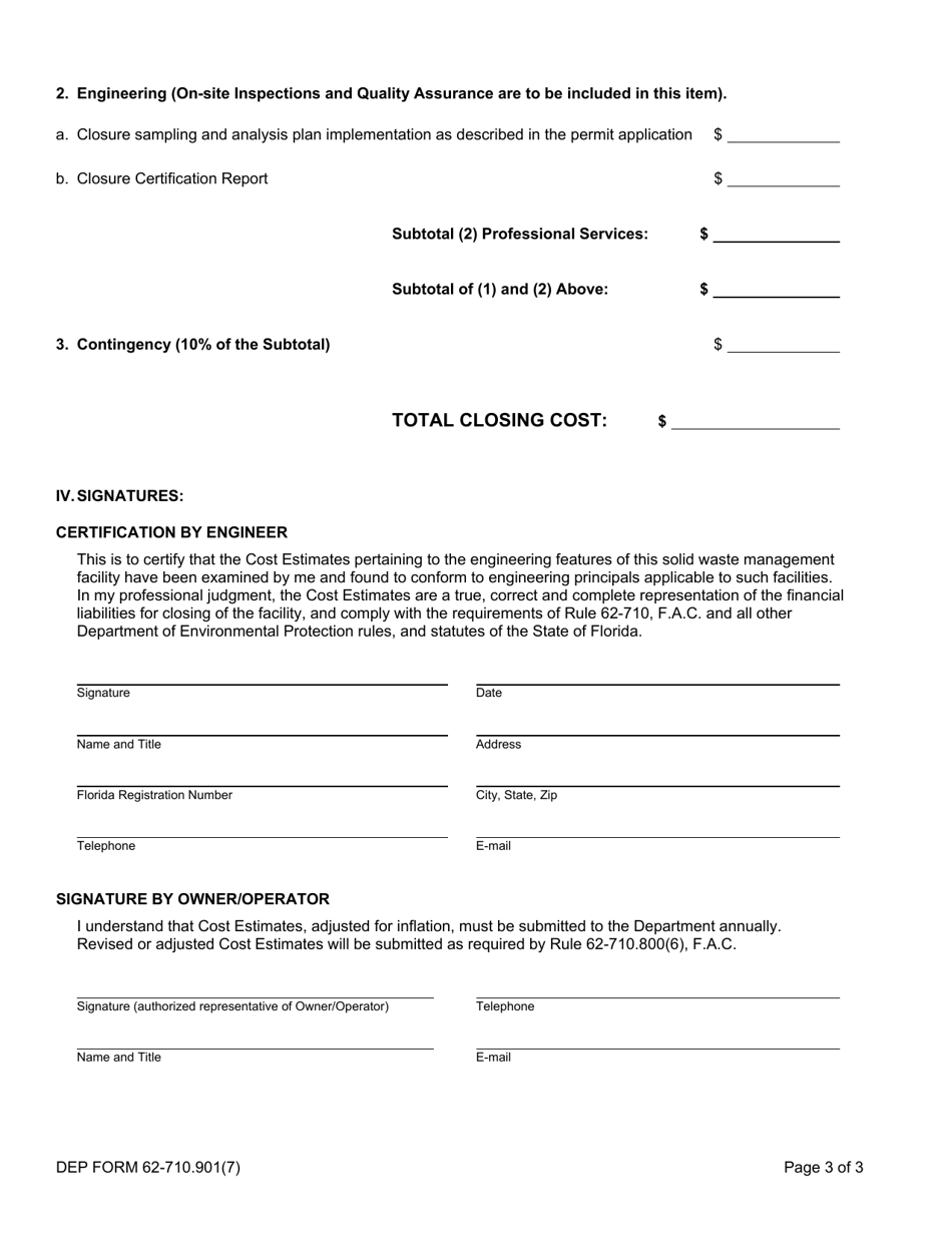 DEP Form 62-710.901(7) Used Oil Processing Facility Closing Cost Estimate Form - Florida, Page 3