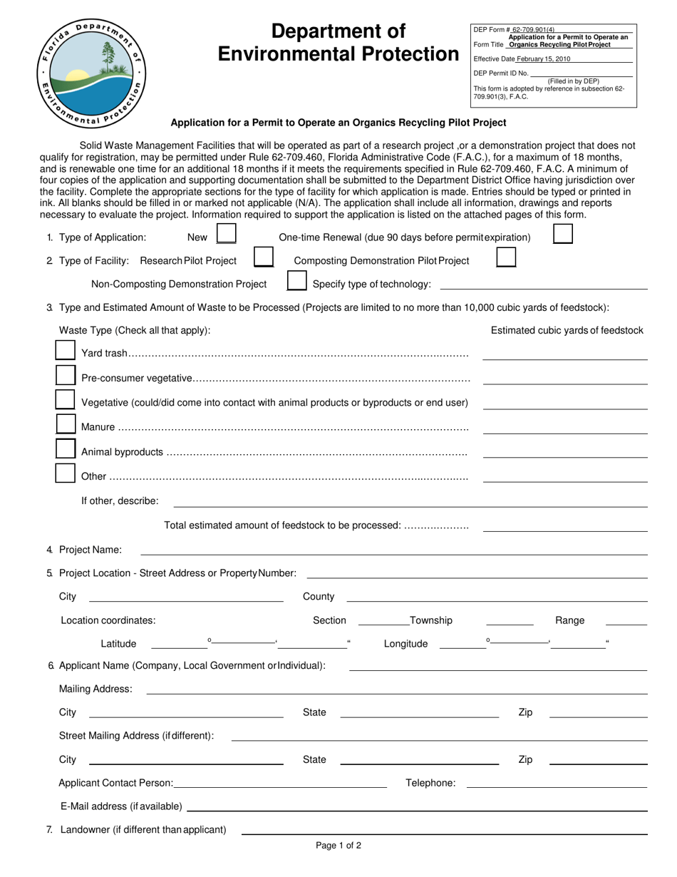 DEP Form 62-709.901(4) Application for a Permit to Operate an Organics Recycling Pilot Project - Florida, Page 1