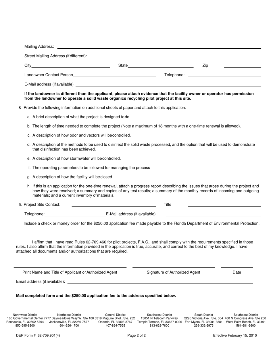 DEP Form 62-709.901(4) Application for a Permit to Operate an Organics Recycling Pilot Project - Florida, Page 2