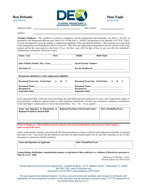 DEO Form 516 INS - Florida