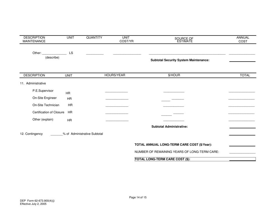 DEP Form 62-673.900(4)(J) Phosphogypsum Stack System Closure, Water Management and Long-Term Care Cost Estimate - Florida, Page 14