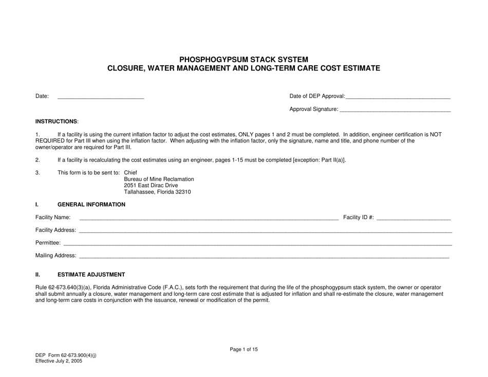 DEP Form 62-673.900(4)(J) Phosphogypsum Stack System Closure, Water Management and Long-Term Care Cost Estimate - Florida, Page 1