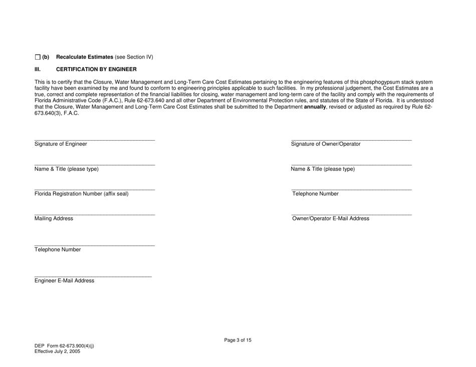 DEP Form 62-673.900(4)(J) Phosphogypsum Stack System Closure, Water Management and Long-Term Care Cost Estimate - Florida, Page 3