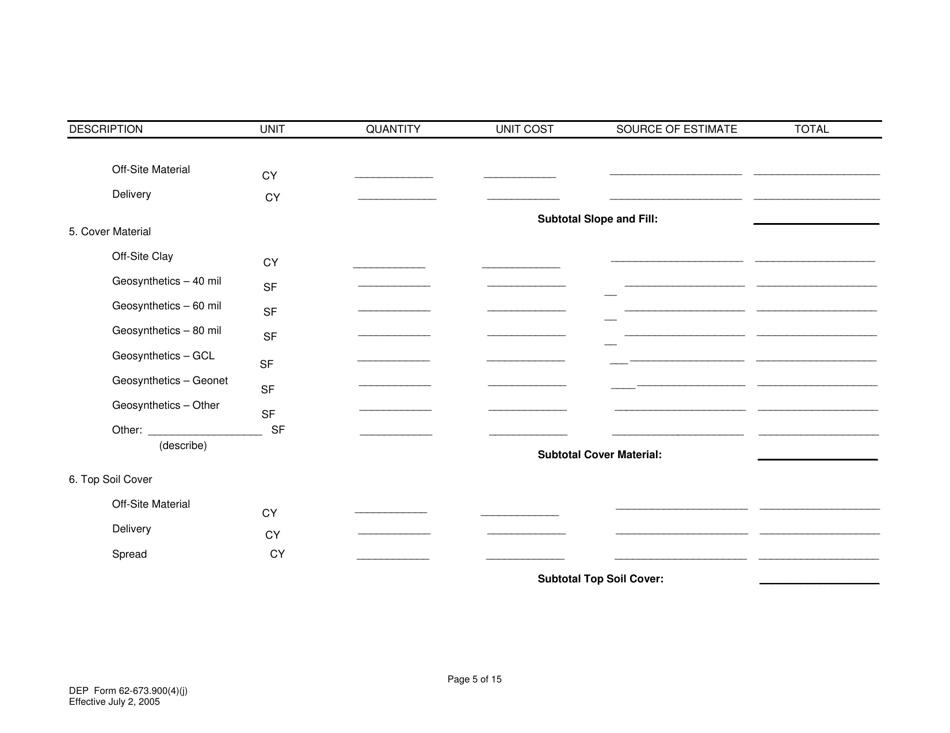 DEP Form 62-673.900(4)(J) Phosphogypsum Stack System Closure, Water Management and Long-Term Care Cost Estimate - Florida, Page 5
