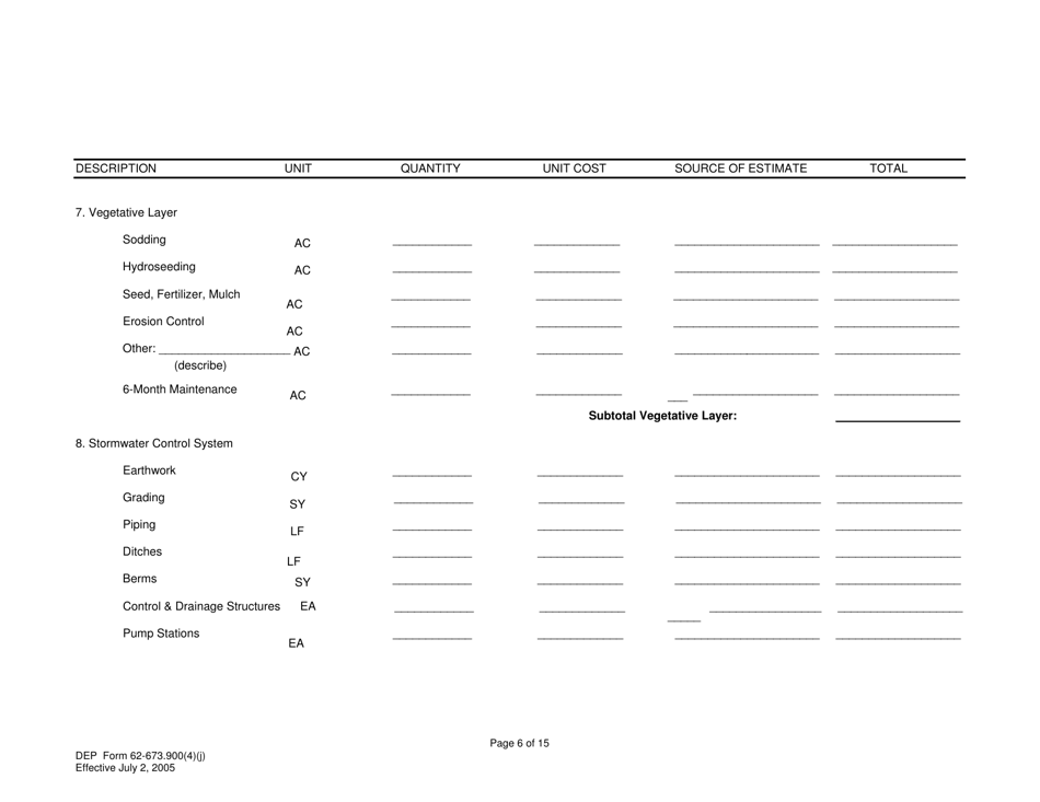 DEP Form 62-673.900(4)(J) Phosphogypsum Stack System Closure, Water Management and Long-Term Care Cost Estimate - Florida, Page 6