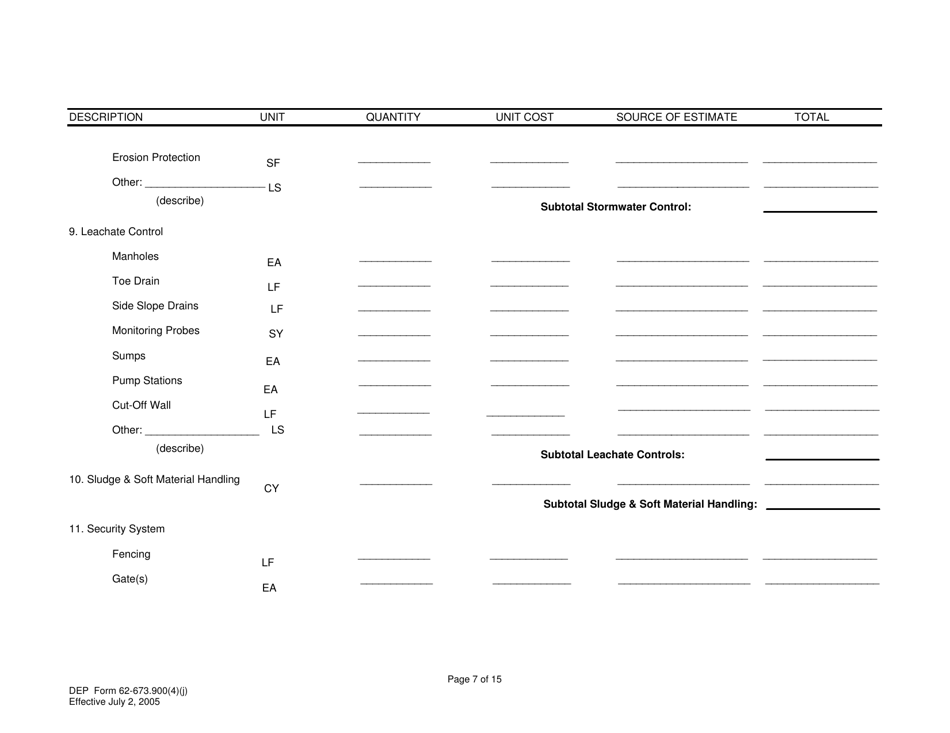 DEP Form 62-673.900(4)(J) Phosphogypsum Stack System Closure, Water Management and Long-Term Care Cost Estimate - Florida, Page 7
