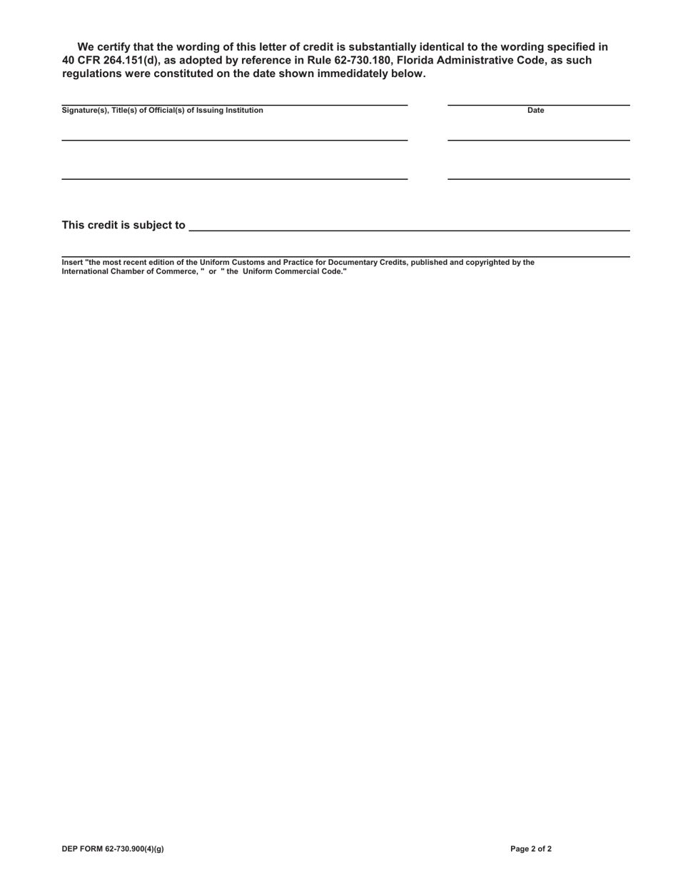 DEP Form 62-730.900(4)(G) Hazardous Waste Facility Irrevocable Letter of Credit to Demonstrate Financial Assurance - Florida, Page 2